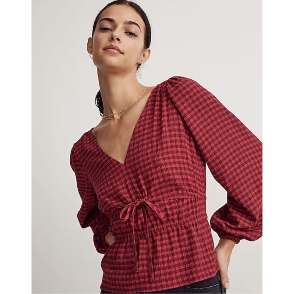 Madewell Pink and Brown Gingham Peplum Blouse
